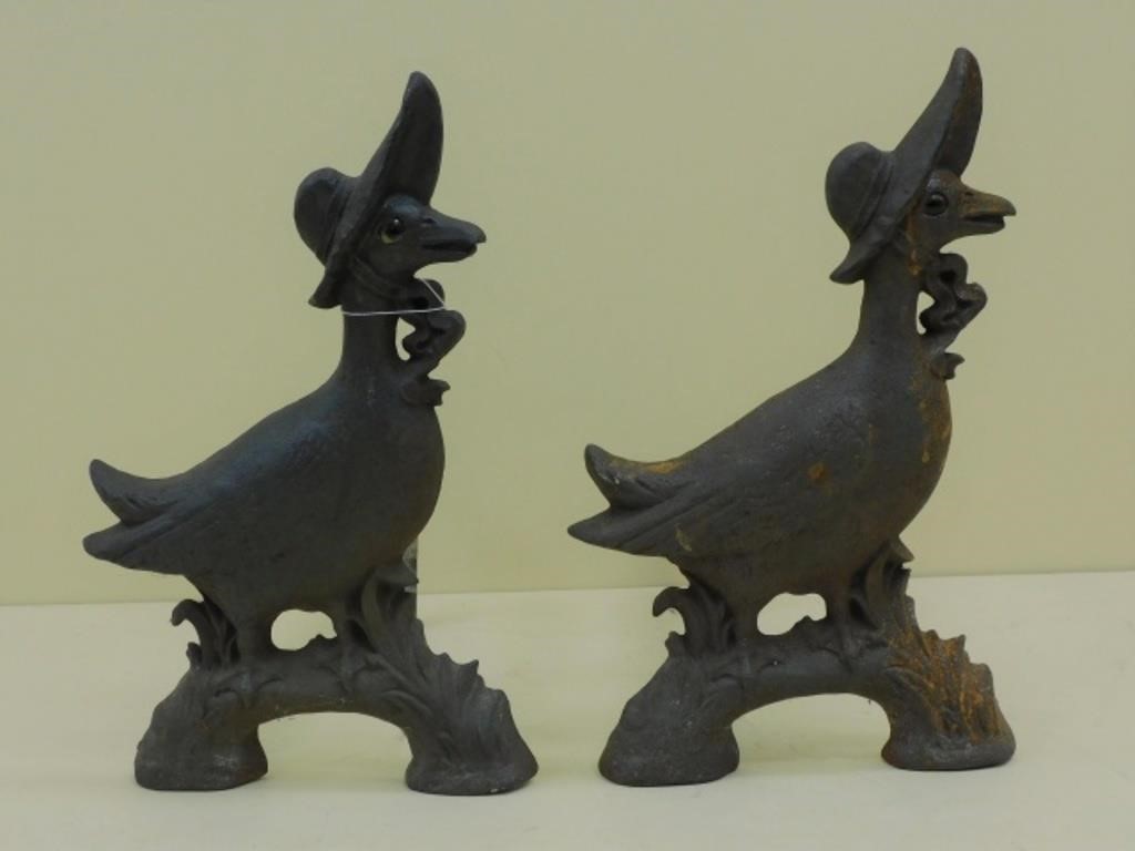 Appraisal: MOTHER GOOSE-FORM ANDIRONS EARLY TH C CASTiron Signed Howes The