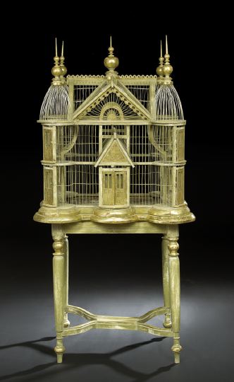 Appraisal: Good Large Green-Painted and Gilded Wood and Wire Birdcage first