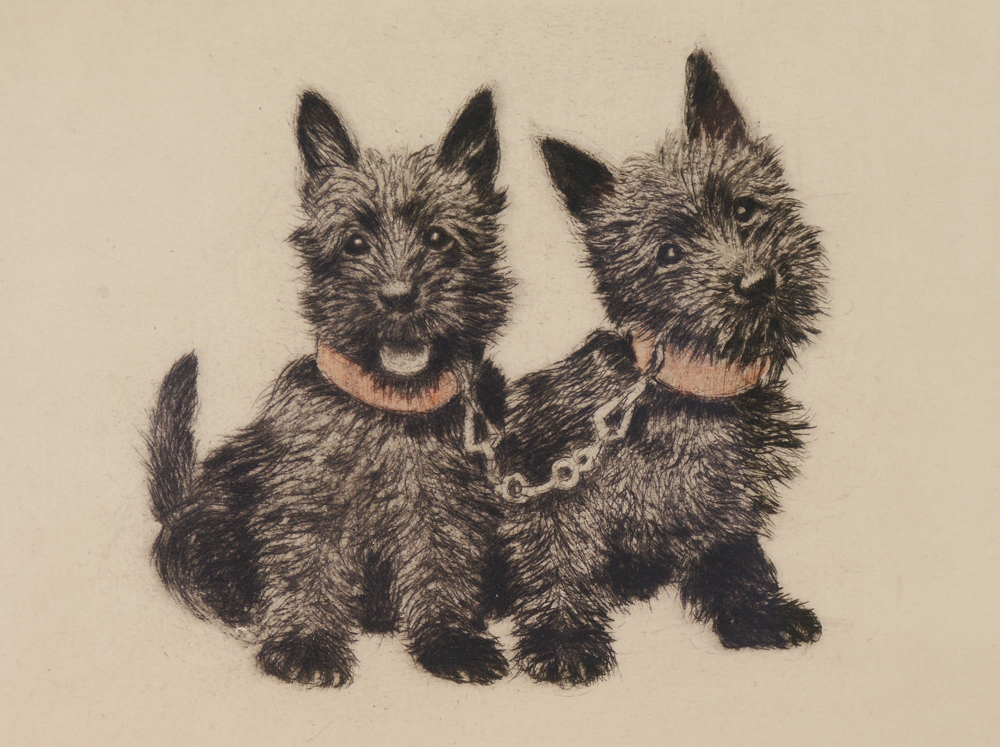 Appraisal: PLUCKEBAUM Meta German - Two Black Scotty Pups Etching Sight