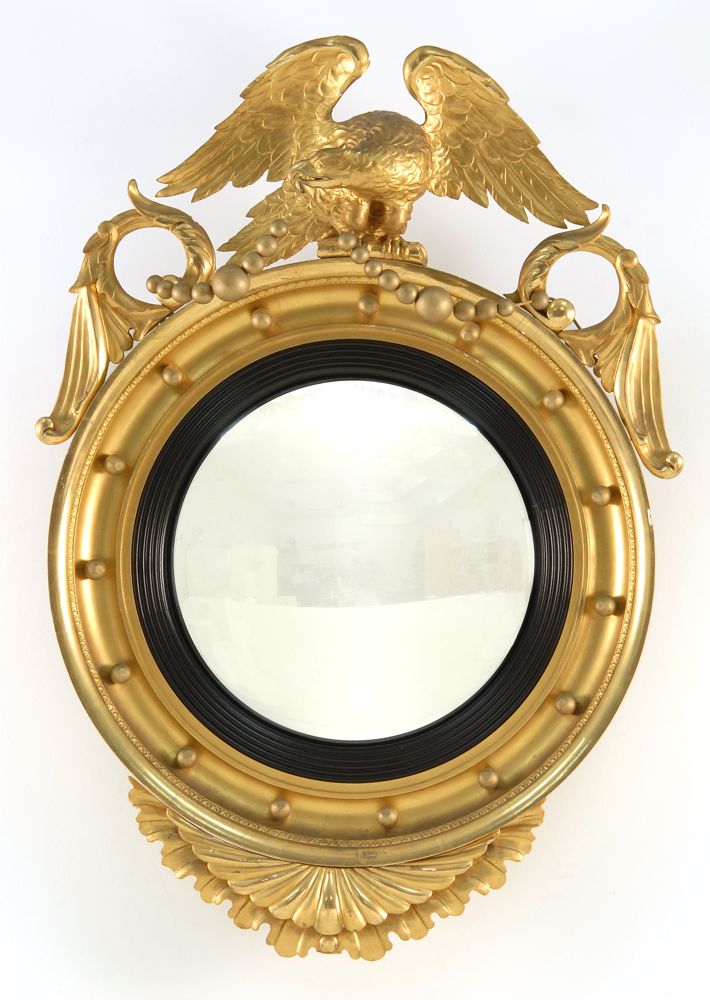 Appraisal: CONVEX GIRANDOLE MIRROR Circa By Foster Brothers Boston Eagle crest