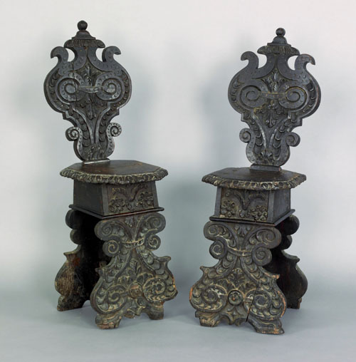 Appraisal: Pair of Italian carved oak sgabello chairs th c