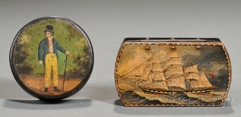 Appraisal: Two Hand-painted Snuff Boxes early th century black lacquer papier