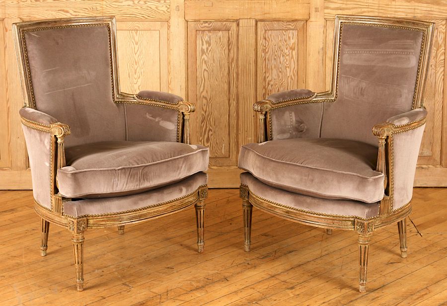 Appraisal: PAIR PAINTED JANSEN BERGERE CHAIRS CIRCA A pair of painted