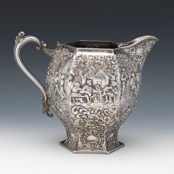 Appraisal: DUTCH STYLE SILVER PLATE REPOUSSE PITCHER x x Repousse pitcher