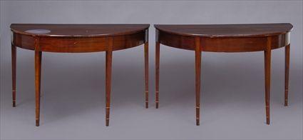 Appraisal: PAIR OF GEORGE III INLAID MAHOGANY DEMILUNE SIDE TABLES Each