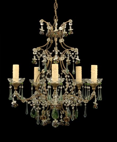 Appraisal: Attractive French Bronze-Patinated Brass and Cut Glass Five-Light Chandelier second