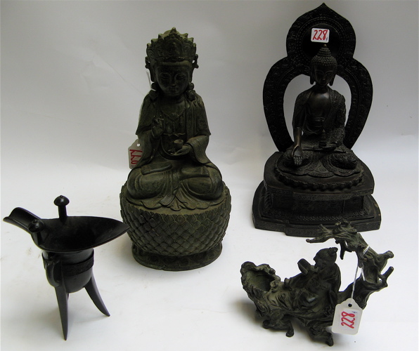 Appraisal: FOUR CAST BRONZE ASIAN ART OBJECTS a Buddha figure sitting