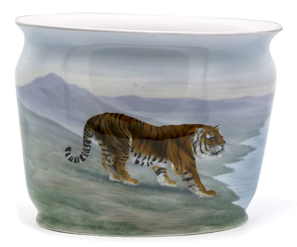 Appraisal: Porcelain Kaestner Vase Depicting Tiger Hand painted porcelain vase by