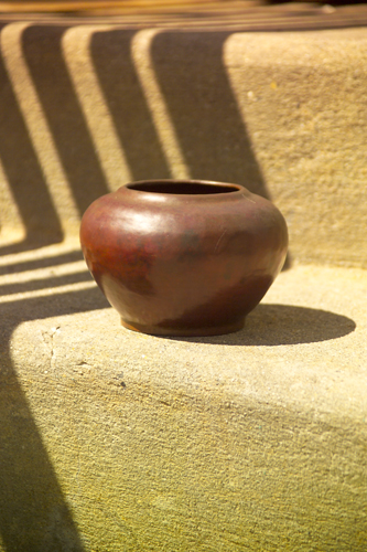 Appraisal: DIRK VAN ERP Hammered copper red warty squat vessel with