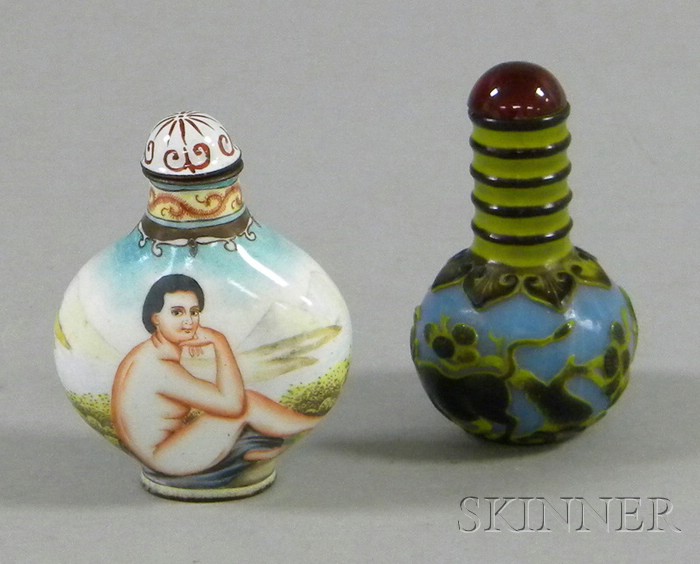 Appraisal: Enamel Bottle and Carved Glass Bottle enamel bottle depicting a