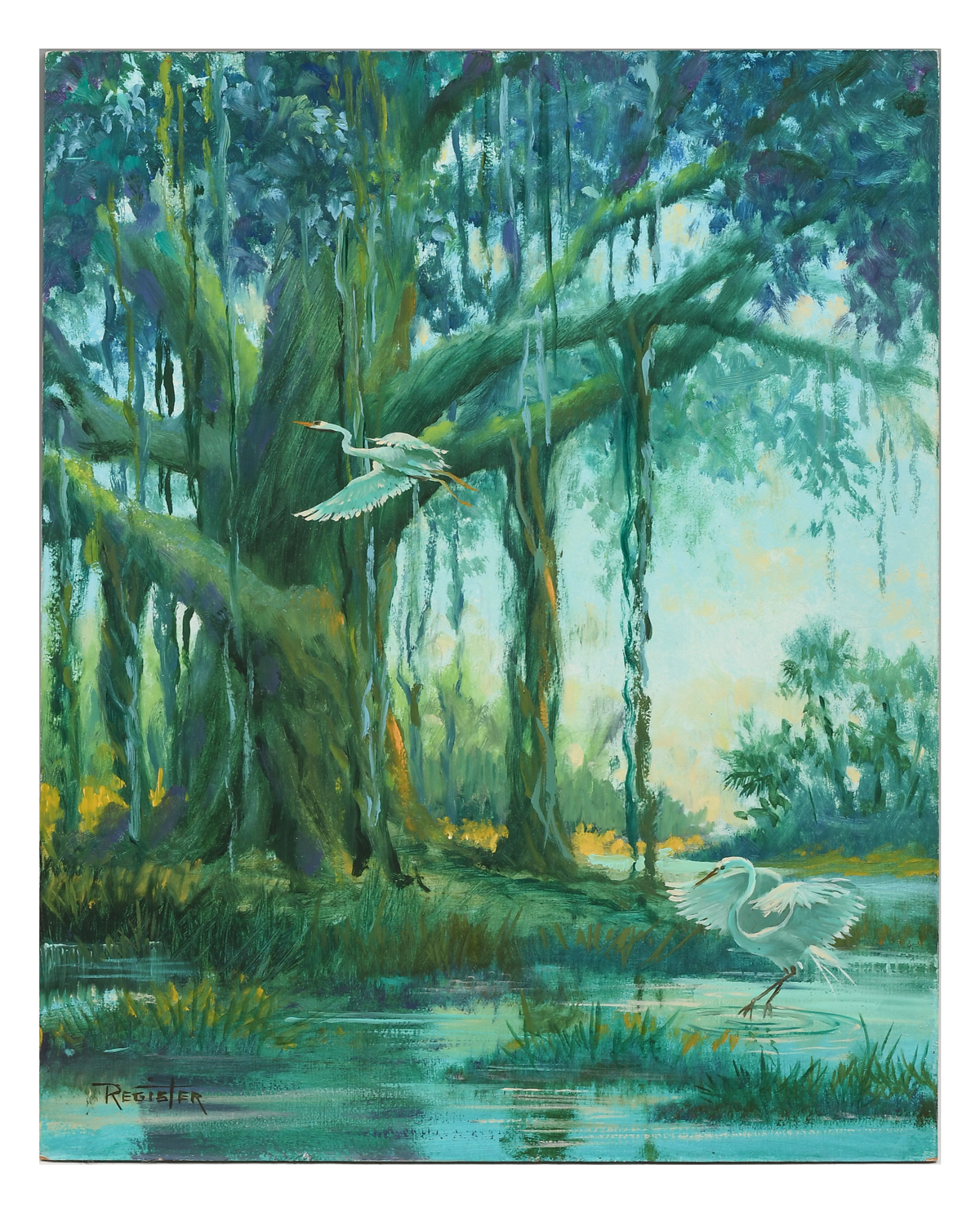 Appraisal: FLORIDA PAINTING WITH EGRETS BY REGISTER Oil Masonite '' x