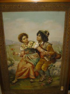 Appraisal: A VICTORIAN OIL PAINTED WOVEN PANEL depicting two young lovers