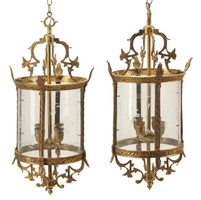 Appraisal: pair Louis XV style bronze dore and etched glass lanterns