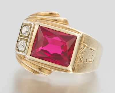 Appraisal: An Art Deco Diamond and Synthetic Ruby Ring k yellow