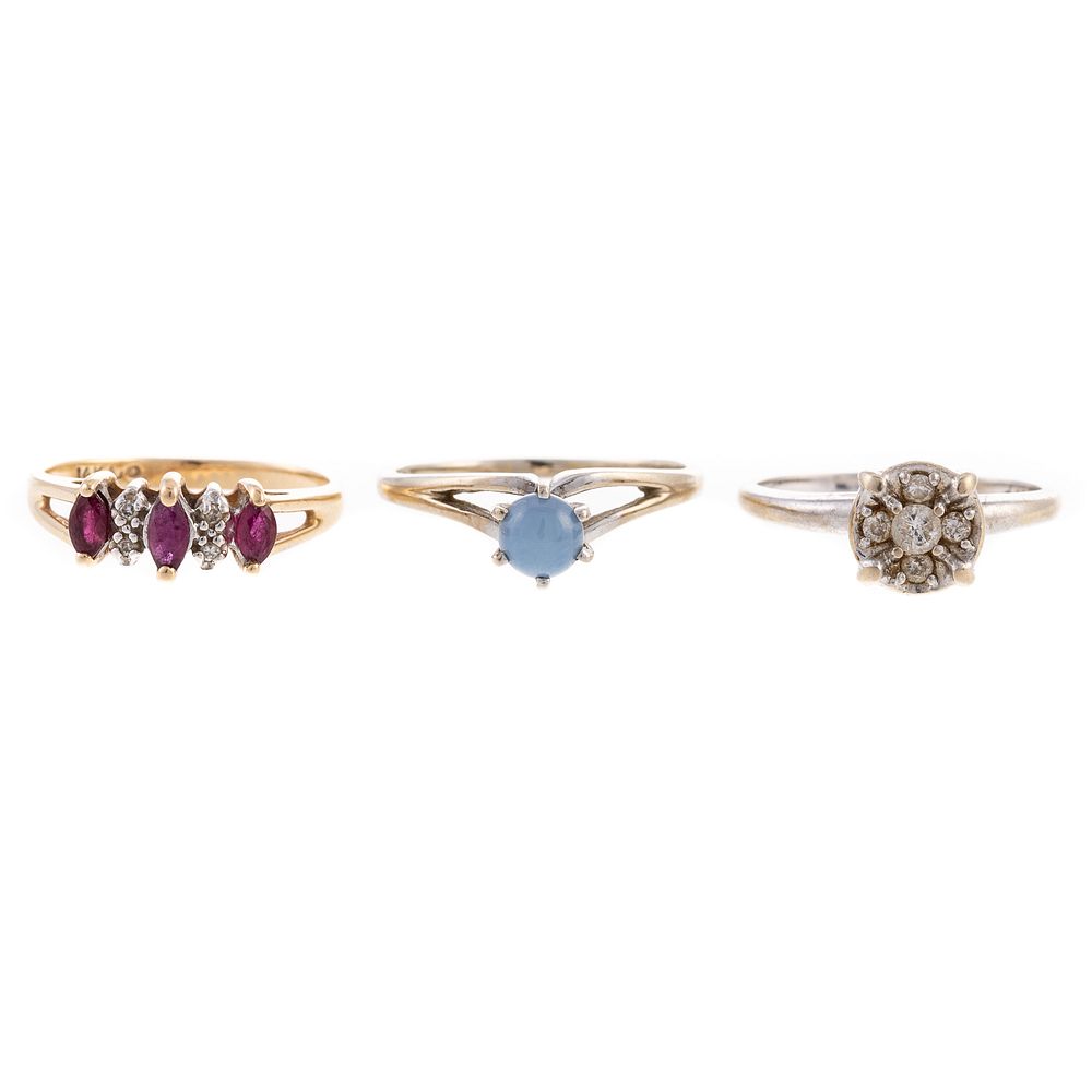 Appraisal: A Trio of Gemstone Diamond Rings in Gold K white