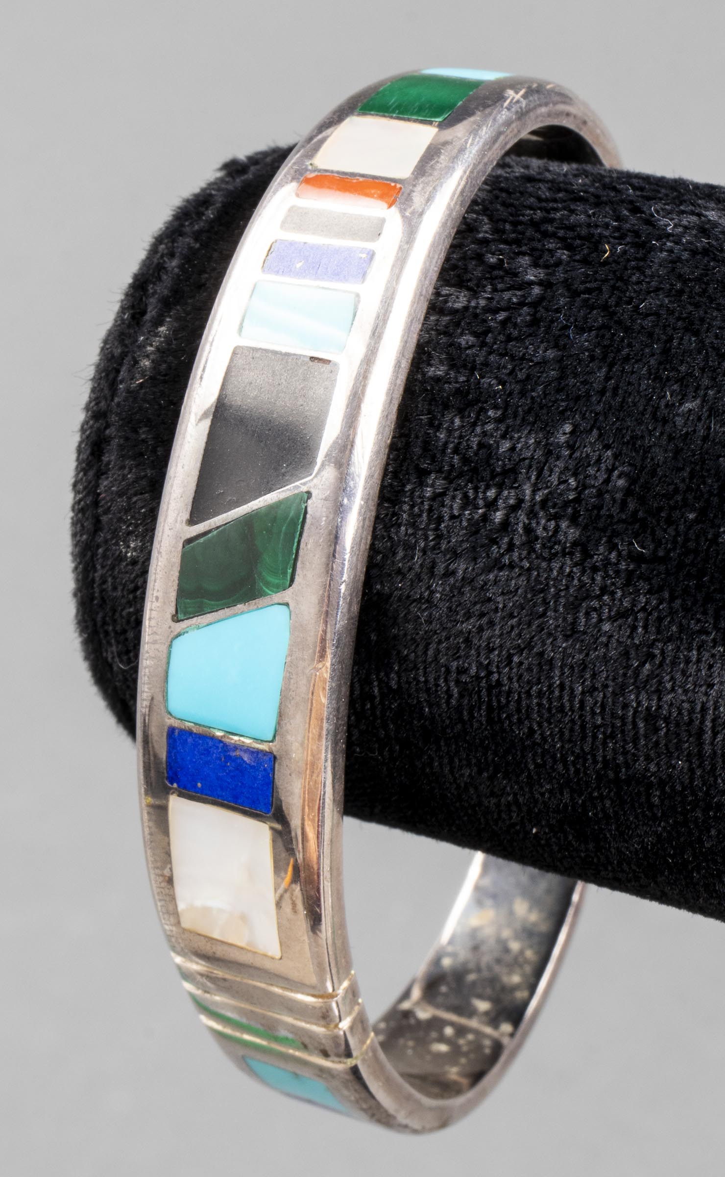 Appraisal: NAVAJO SILVER MULTI-STONE INLAY BANGLE BRACELET Navajo Native American sterling