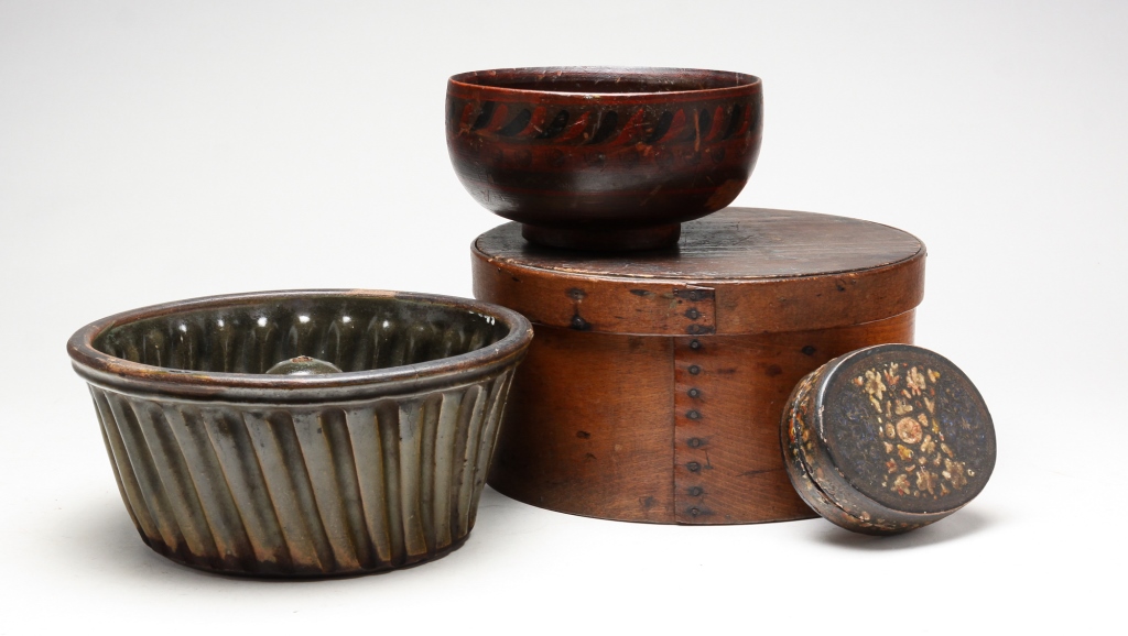 Appraisal: GROUPING OF HOUSEHOLD ITEMS Nineteenth century European Redware mold with