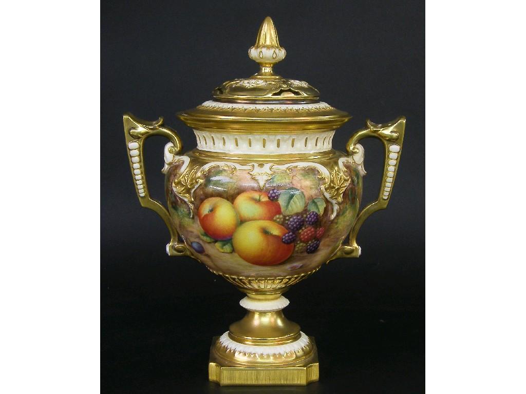 Appraisal: Royal Worcester twin handled pedestal cabinet vase and cover finely