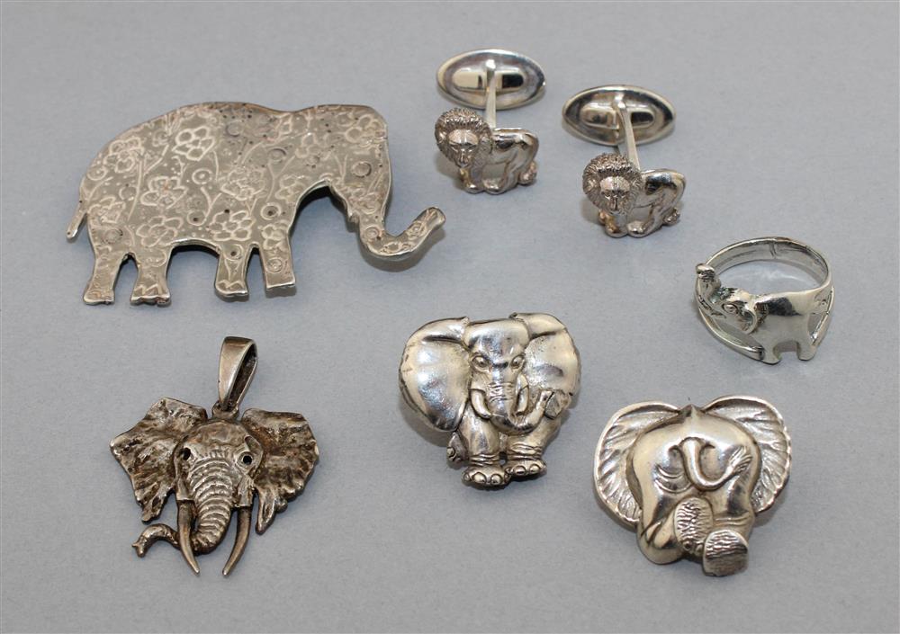 Appraisal: RHODESIAN STERLING ELEPHANT EARRINGS AND LION CUFFLINKS WITH STERLING ELEPHANT