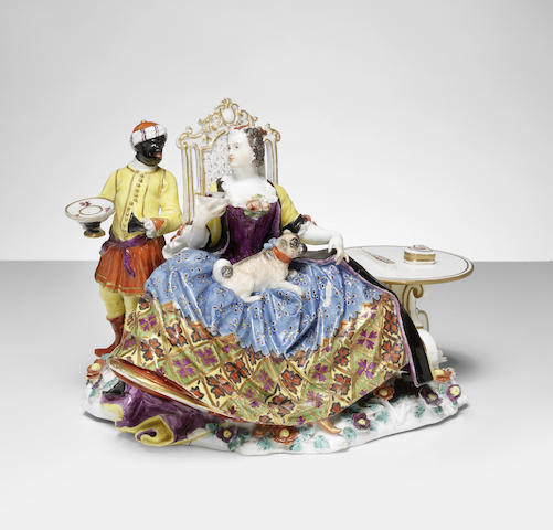 Appraisal: A Meissen crinoline group of a seated lady with servant