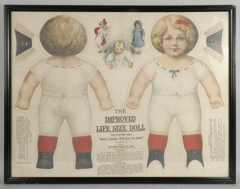 Appraisal: Framed Cloth Sheet The Improved Life Size Doll Description Pat