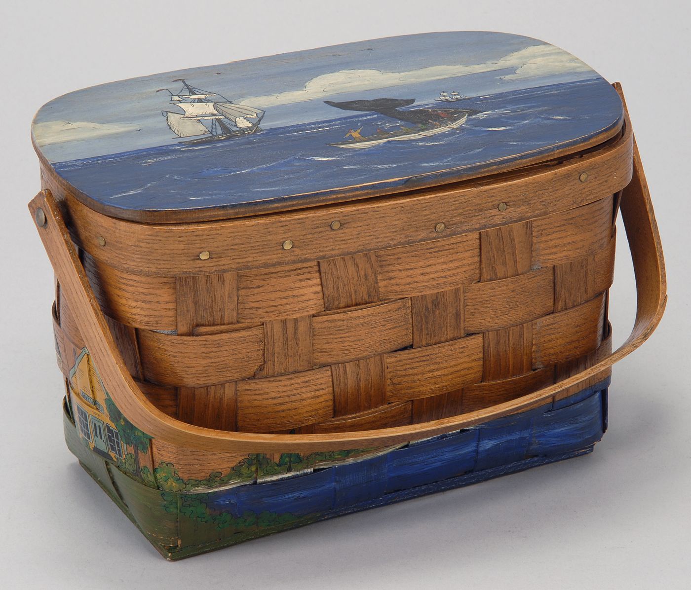 Appraisal: SABRA STOCKDALE HAND-PAINTED BASKET PURSE Lift-top cover with painted whaling