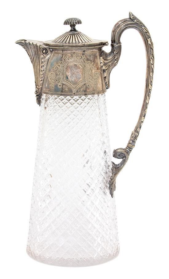 Appraisal: A French Silver Plate Mounted Diamond Cut Crystal Claret Jug