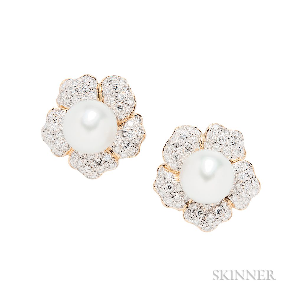 Appraisal: kt Gold South Sea Pearl and Diamond Flower Earclips kt