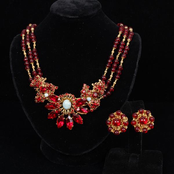 Appraisal: Miriam Haskell pc Red Gold Necklace Clip on Earrings necklace