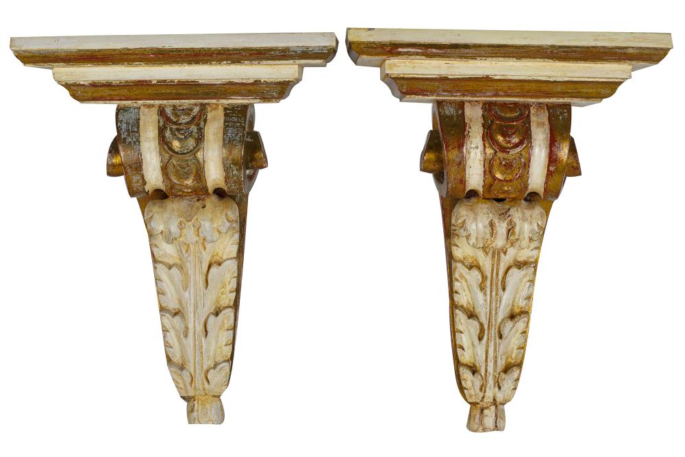 Appraisal: PAIR OF CARVED PAINTED GILTWOOD BRACKETSwith mounting hardware to backs