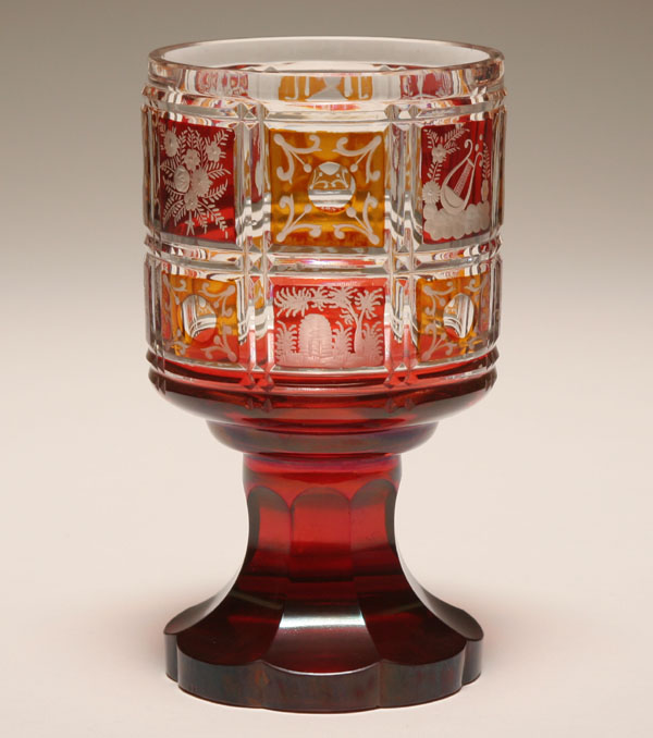 Appraisal: Bohemian glass wine goblet 's etched scenes surround the body