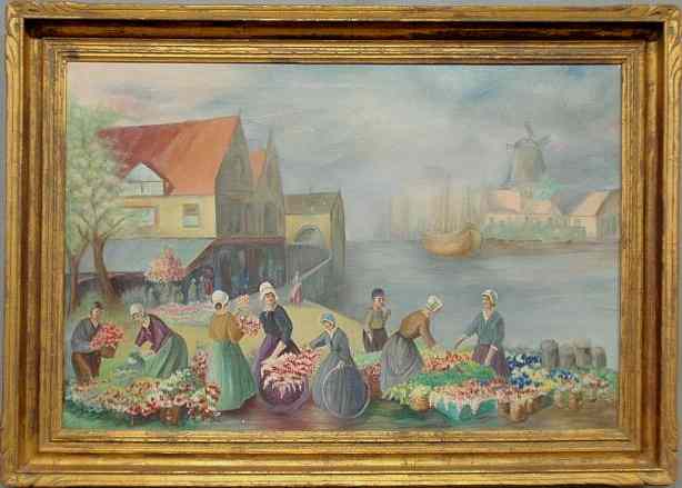 Appraisal: Colorful oil on canvas painting of a Dutch flower market