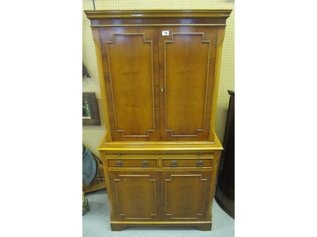 Appraisal: Reproduction yew wood cabinet on cupboard base