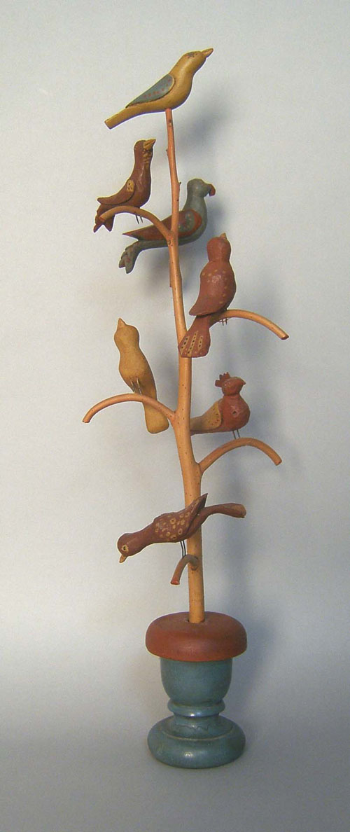 Appraisal: Contemporary carved and painted bird tree h Provenance Collection of