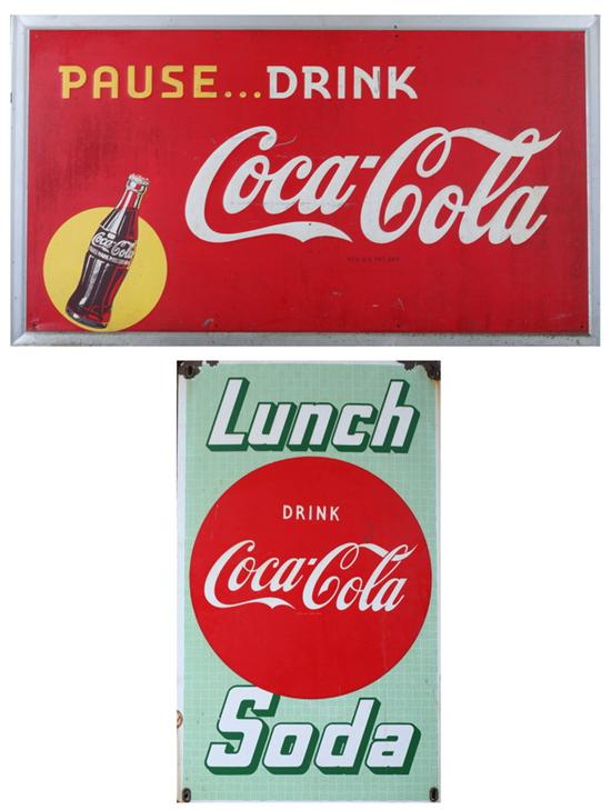 Appraisal: TWO COCA COLA METAL ADVERTISING SIGNS First Silver-toned framed metal