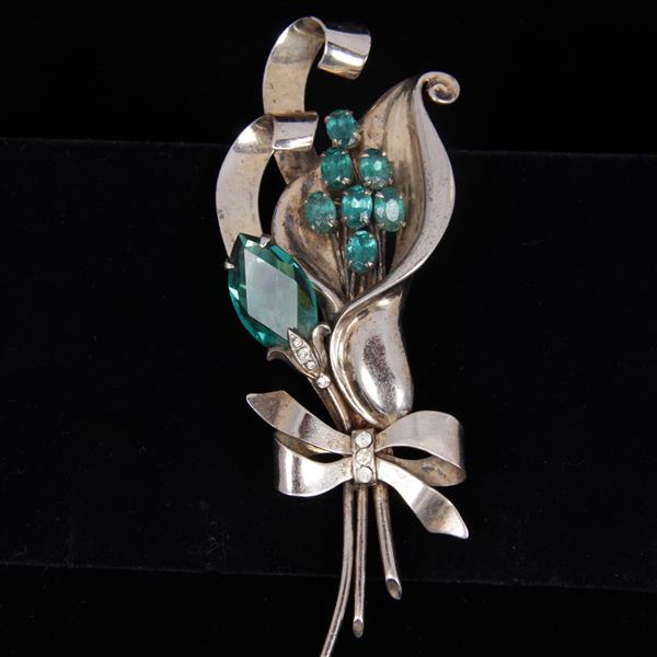 Appraisal: Sterling Calla Lily with Emerald Jewels Brooch Pin Marked sterling