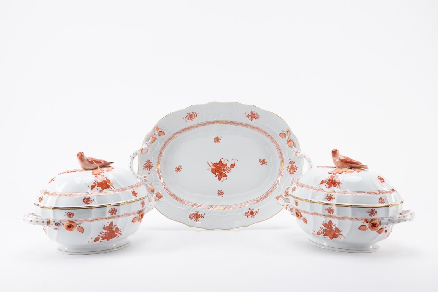 Appraisal: HEREND SERVING PIECES BIRD TUREENS PLATTER Herend Hungarian group of