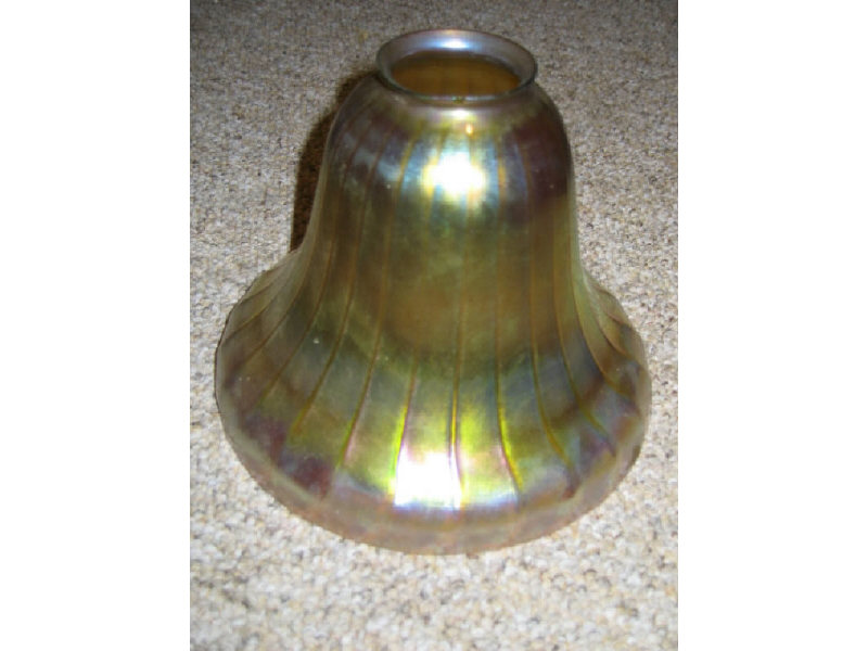 Appraisal: RAINBOW TO GOLD IRIDESCENT GLASS SHADE of ribbed floriform chipped