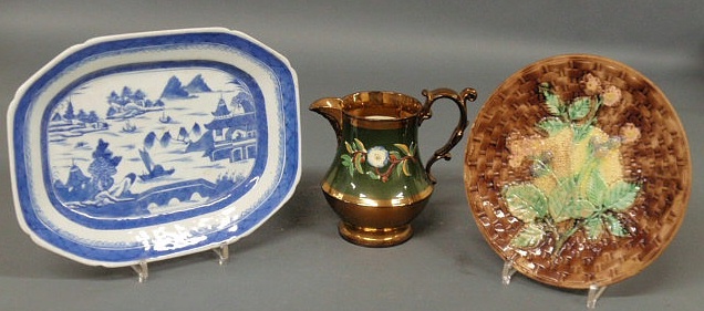 Appraisal: Blue and white Canton platter x copper luster pitcher h