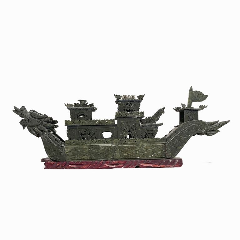 Appraisal: Hand Carved Chinese Jade Twin Dragon Boat Hand Carved Chinese