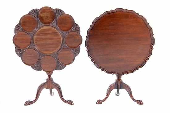 Appraisal: Georgian style carved mahogany tilt-top supper and tea tables early