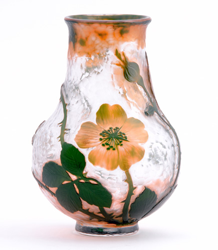 Appraisal: DAUM Wheel-carved cameo glass martele vase patterned with blossoms in