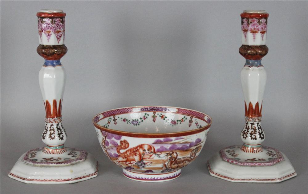 Appraisal: CHINESE EXPORT FAMILLE ROSE PORCELAIN CANDLESTICKS TH C the octagonal