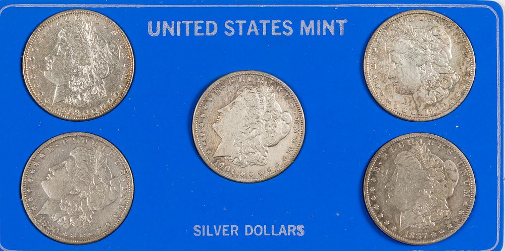 Appraisal: Five Morgan silver dollars Five Morgan silver dollars In-House shipping