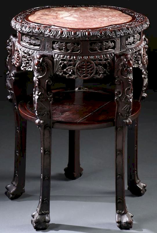 Appraisal: CHINESE EXPORT CARVED WOOD AND MARBLE TABLE A VERY FINE