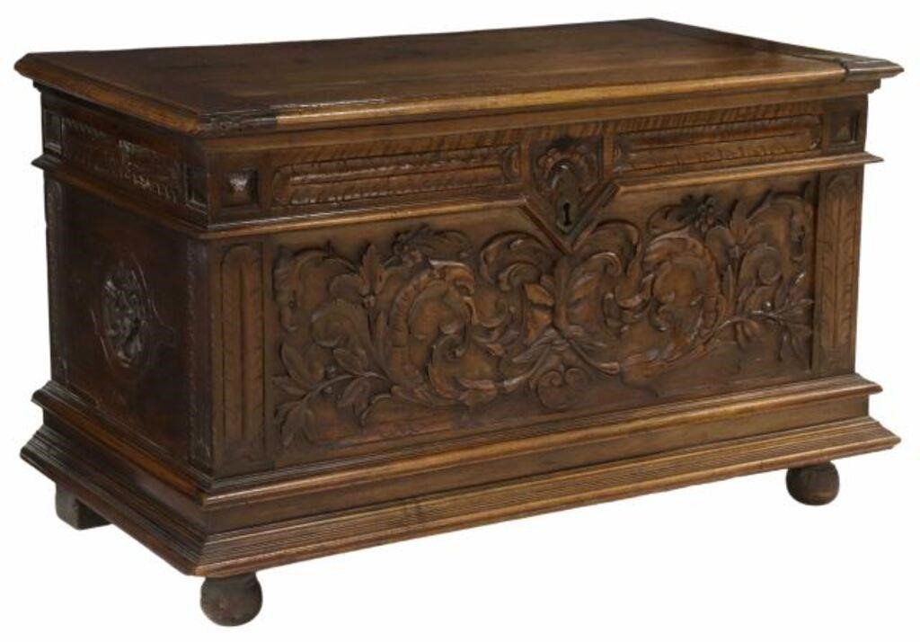 Appraisal: French carved walnut storage trunk th c hinged lid opening