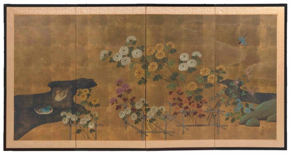 Appraisal: JAPANESE FOUR-PANEL SCREEN LATE MEIJI PERIOD HEIGHT LENGTH JAPANESE FOUR-PANEL