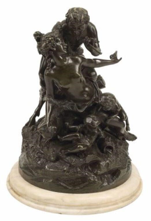 Appraisal: Patinated bronze sculpture Bacchante and Satyr with Putti after Clodion