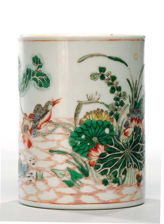 Appraisal: ANTIQUE FAMILLE VERTE BRUSHPOT Antique Chinese Famille Verte enameled porcelain