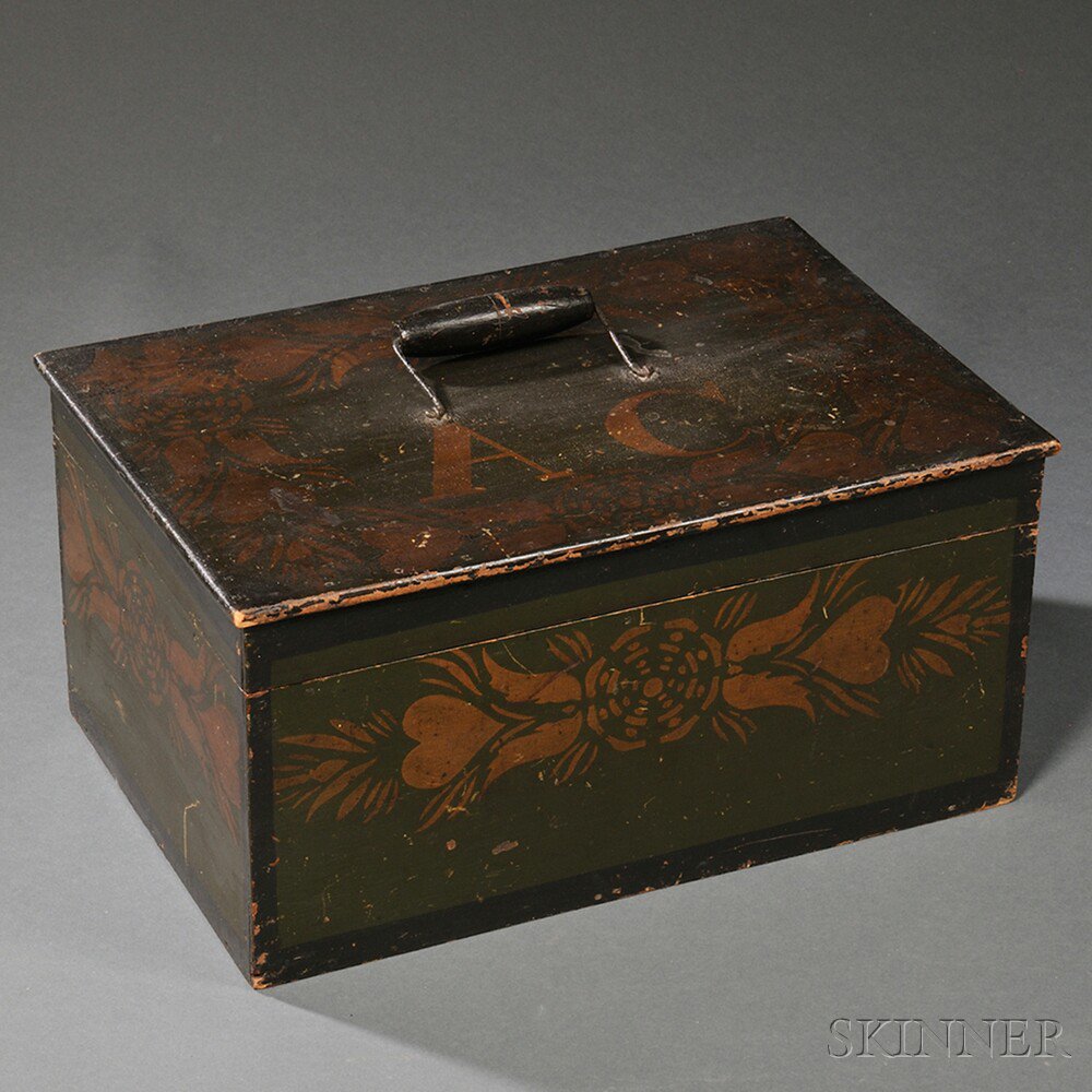 Appraisal: Paint-decorated and Stenciled Poplar Document Box New England early th